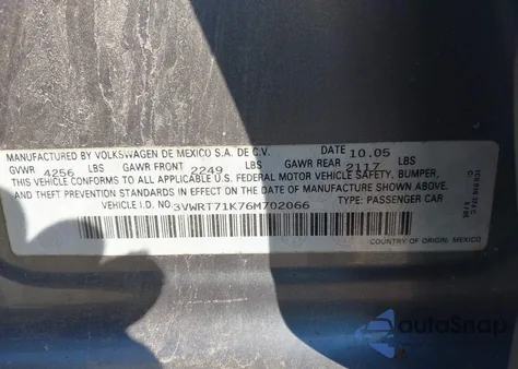 2006 Volkswagen Jetta Tdi z USA, uszkodzony, nr VIN 3VWRT71K76M702066